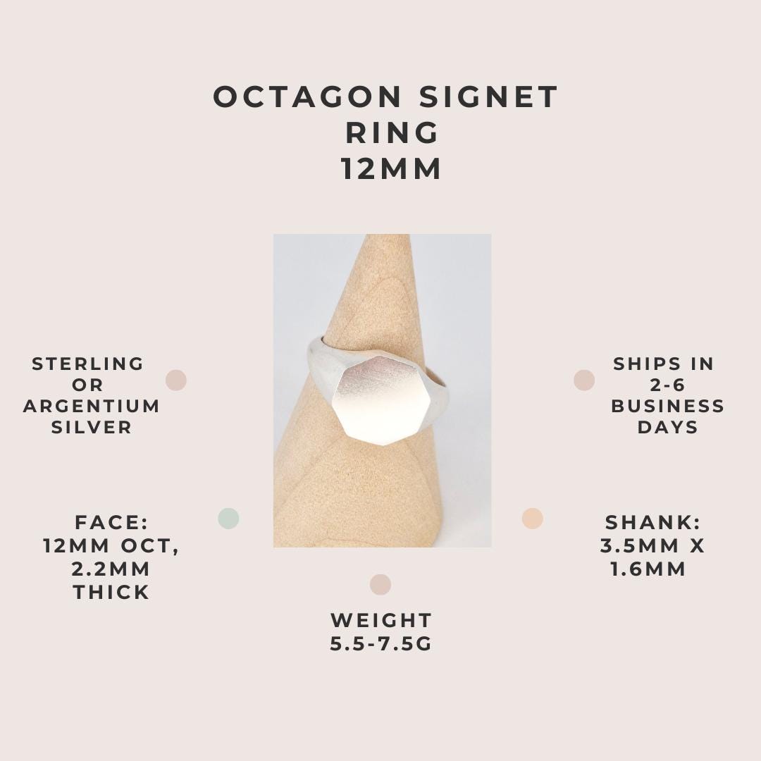 Octagon signet ring 12mm specification infographic showing dimensions, weight, and silver material options