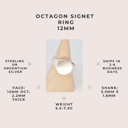 Octagon signet ring 12mm specification infographic showing dimensions, weight, and silver material options