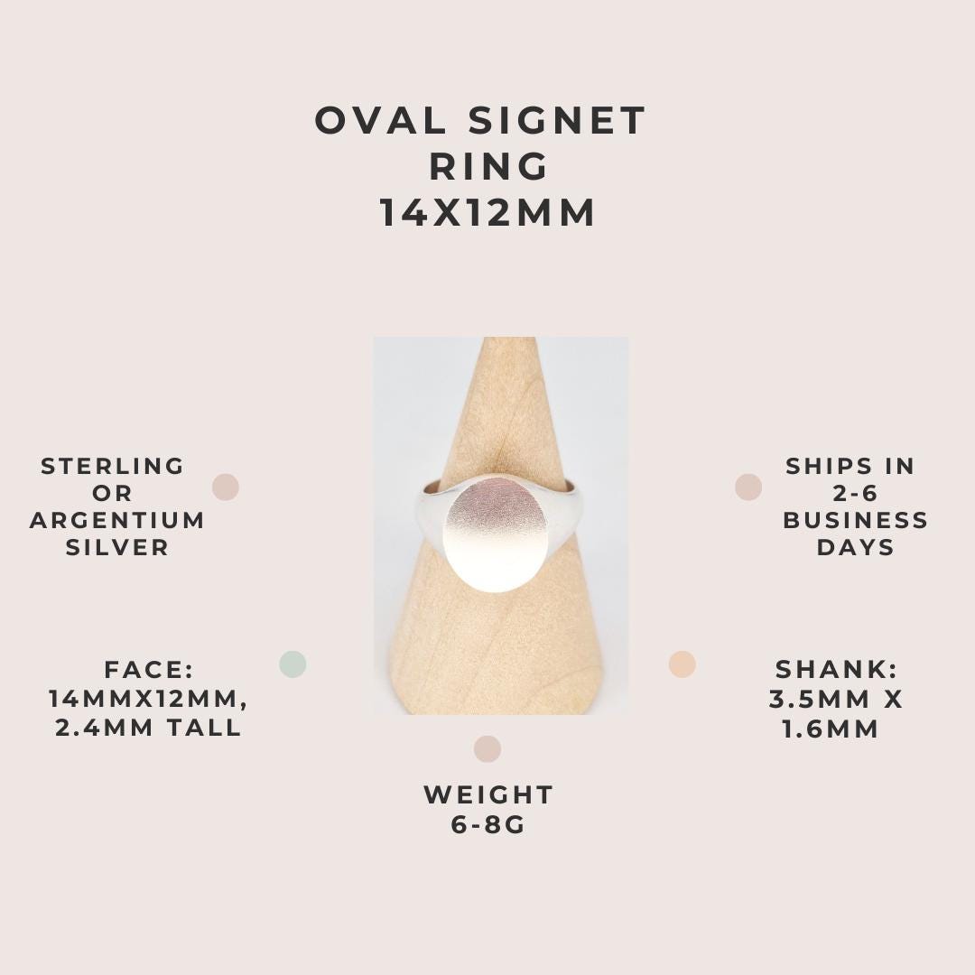 Oval signet ring 14x12mm in sterling or Argentium silver with specifications including weight and dimensions
