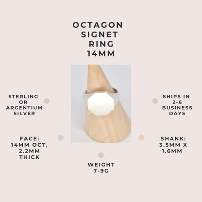 Octagon signet ring 14mm in sterling or Argentium silver with specifications including weight and dimensions
