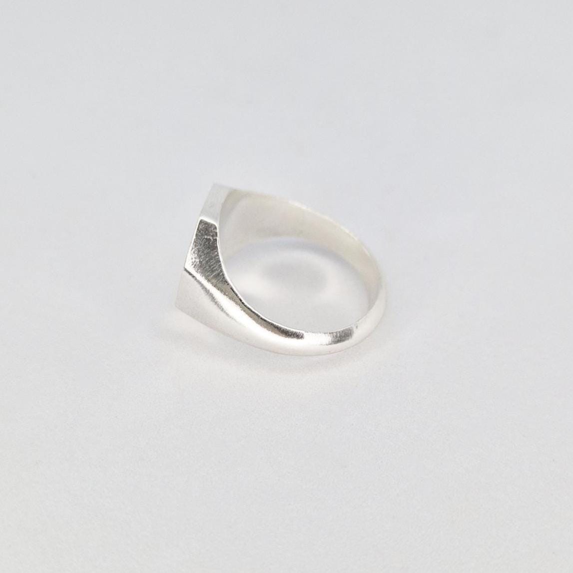 Side profile of octagon signet ring in silver on white background showing tapered shoulders and smooth band