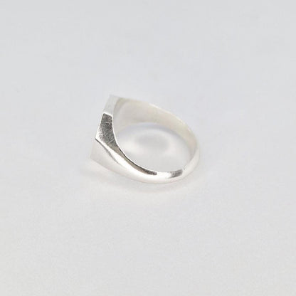 Side profile of octagon signet ring in silver on white background showing tapered shoulders and smooth band