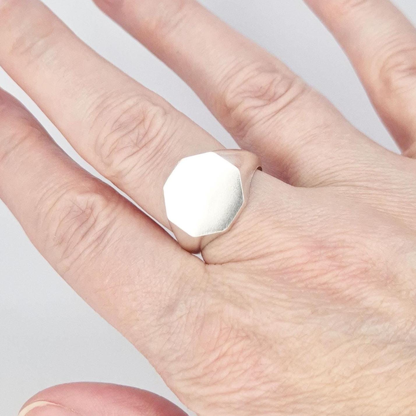 Octagon silver signet ring worn on finger, minimalist design with flat matte face
