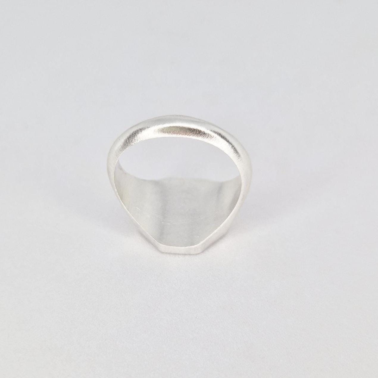 Rear view of octagon signet ring band in sterling or Argentium silver on white background