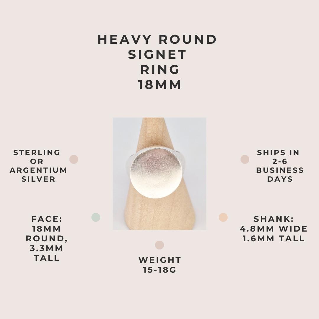 View of a silver signet ring on a display cone along with information on dimensions and weight.