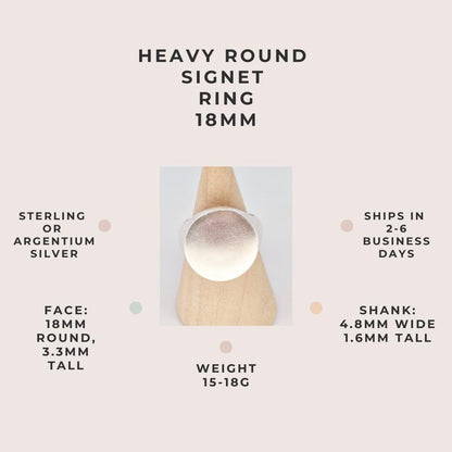 View of a silver signet ring on a display cone along with information on dimensions and weight.