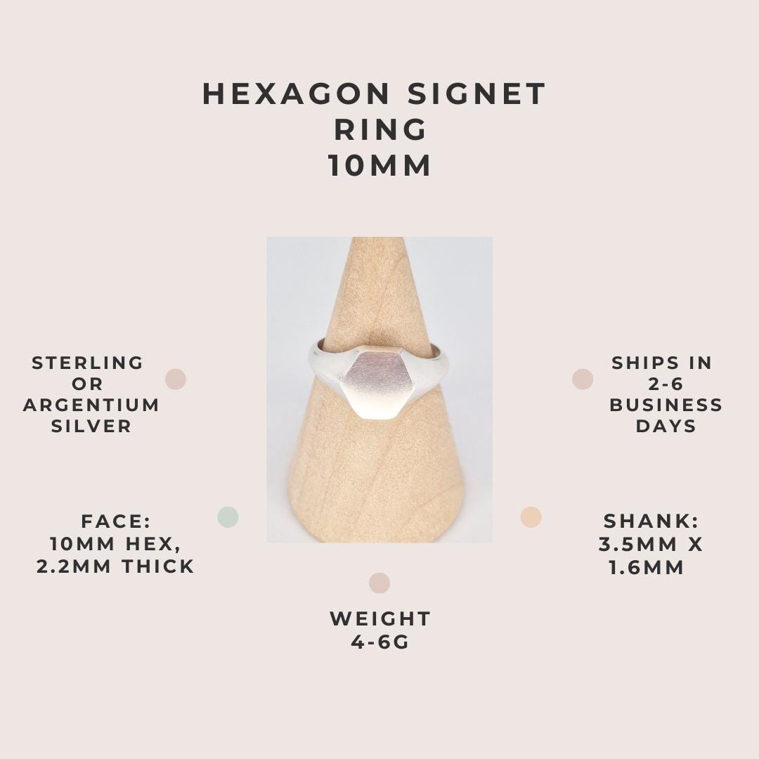 Hexagon signet ring 10mm in sterling or Argentium silver with specifications: 10mm face, 2.2mm thick, 4–6g weight, 3.5mm x 1.6mm shank, ships in 2–6 days