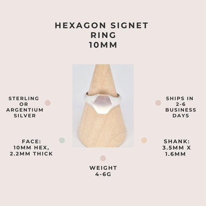 Hexagon signet ring 10mm in sterling or Argentium silver with specifications: 10mm face, 2.2mm thick, 4–6g weight, 3.5mm x 1.6mm shank, ships in 2–6 days