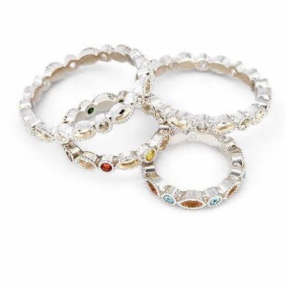 Four Argentium silver birthstone rings with blank bezels or coloured gemstones and marquise bezel settings for memorial resin.