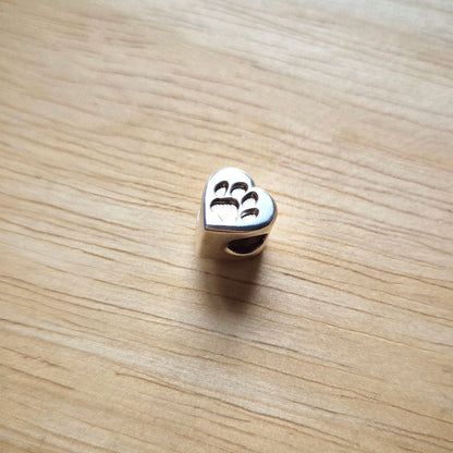 Silver paw print bracelet bead on a wooden background.