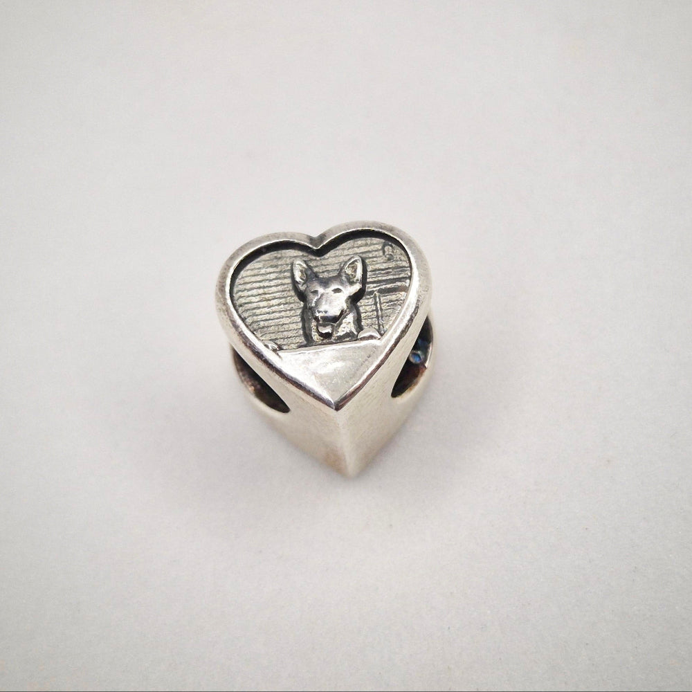 A silver bracelet bead showing a dog face.