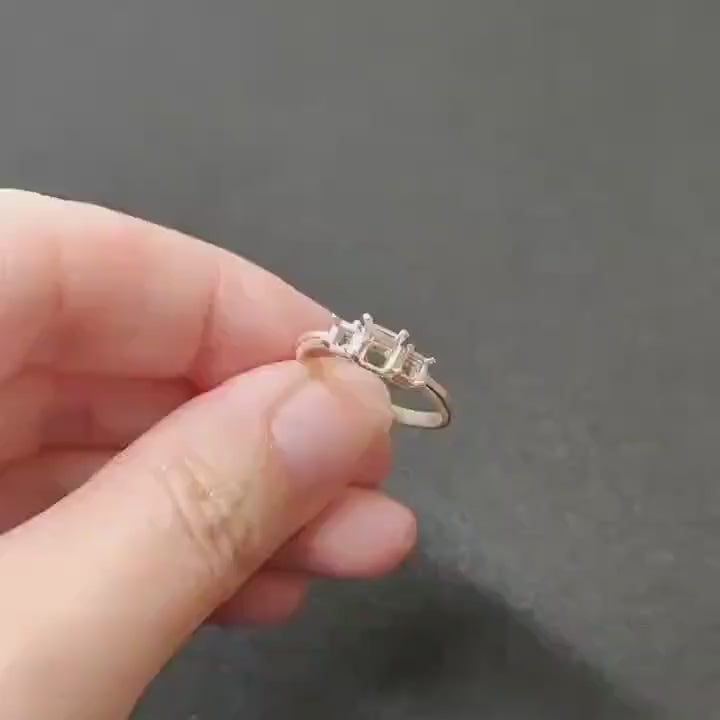 Elegant Three Stone Silver Ring with Prong Gallery Settings for Square Princess Gems