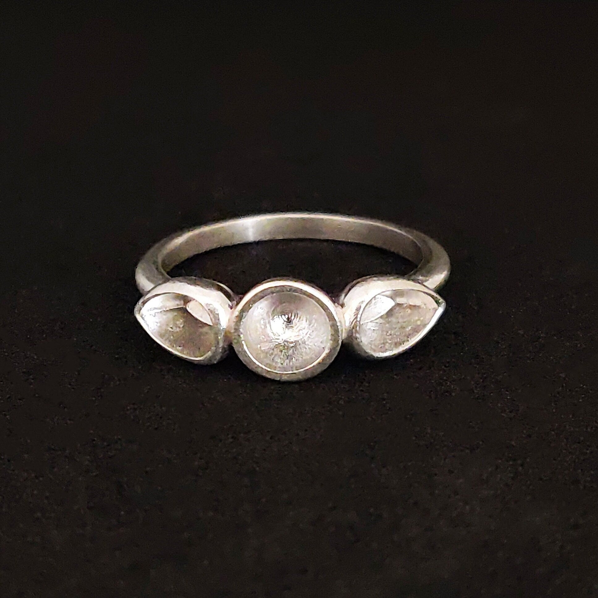 3 stone Silver Cup Bezel Ring Setting. Round Sealed Cup Rubover Bezel. Pear, Round, Pear Setting. 9ct Yellow Gold Cup Bezel Stacking Ring.