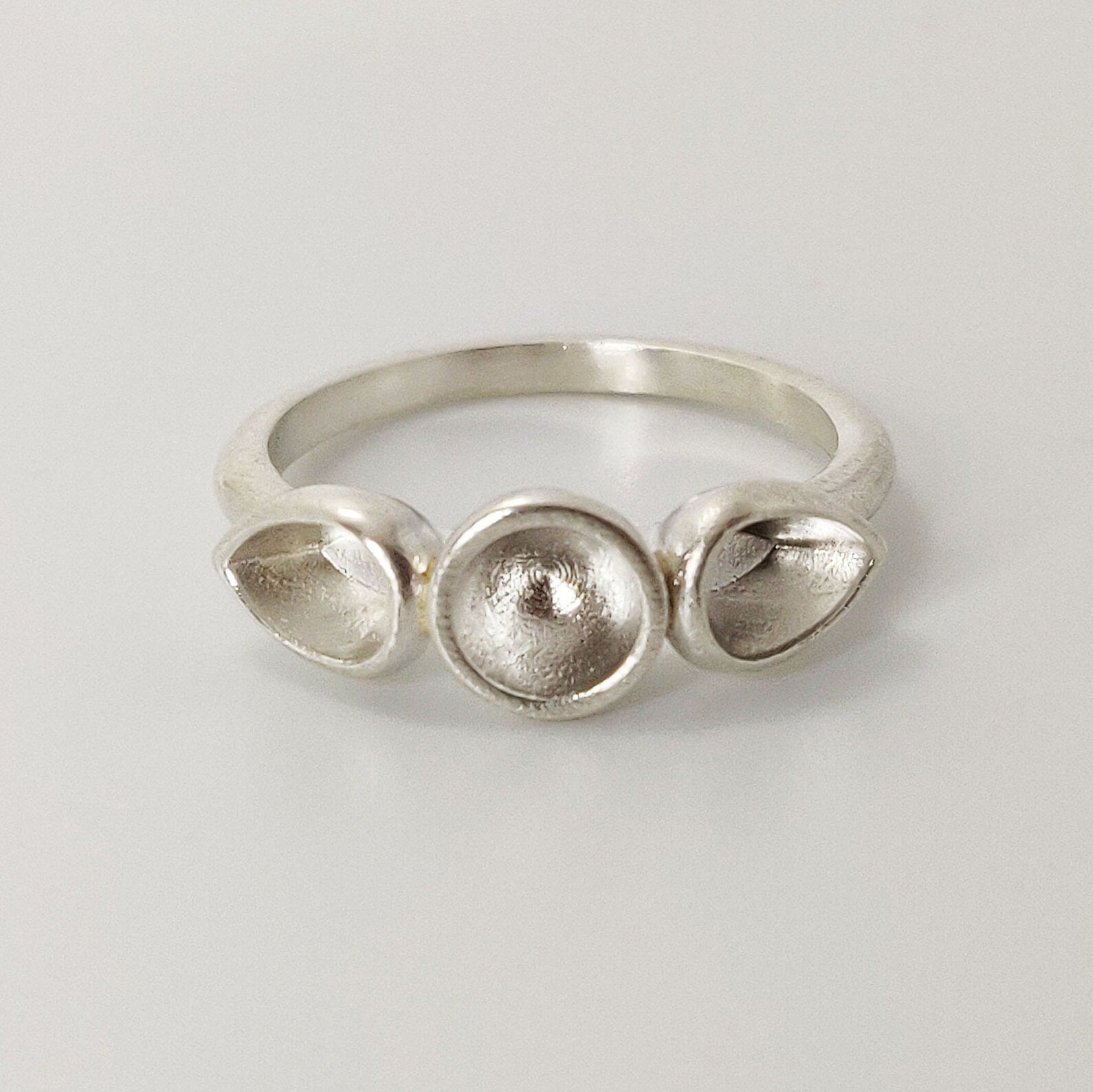 3 stone Silver Cup Bezel Ring Setting. Round Sealed Cup Rubover Bezel. Pear, Round, Pear Setting. 9ct Yellow Gold Cup Bezel Stacking Ring.